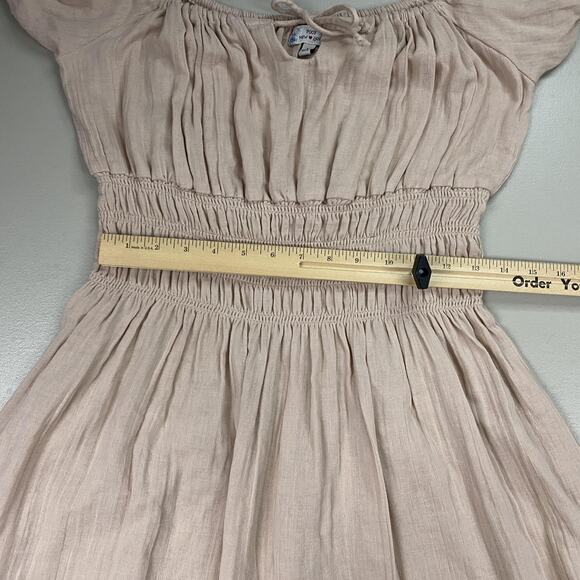 Vtg Poof Dress Womens Large Beige Tan Smocked Gauzy Milkmaid Peasant Babydoll - Picture 8 of 13